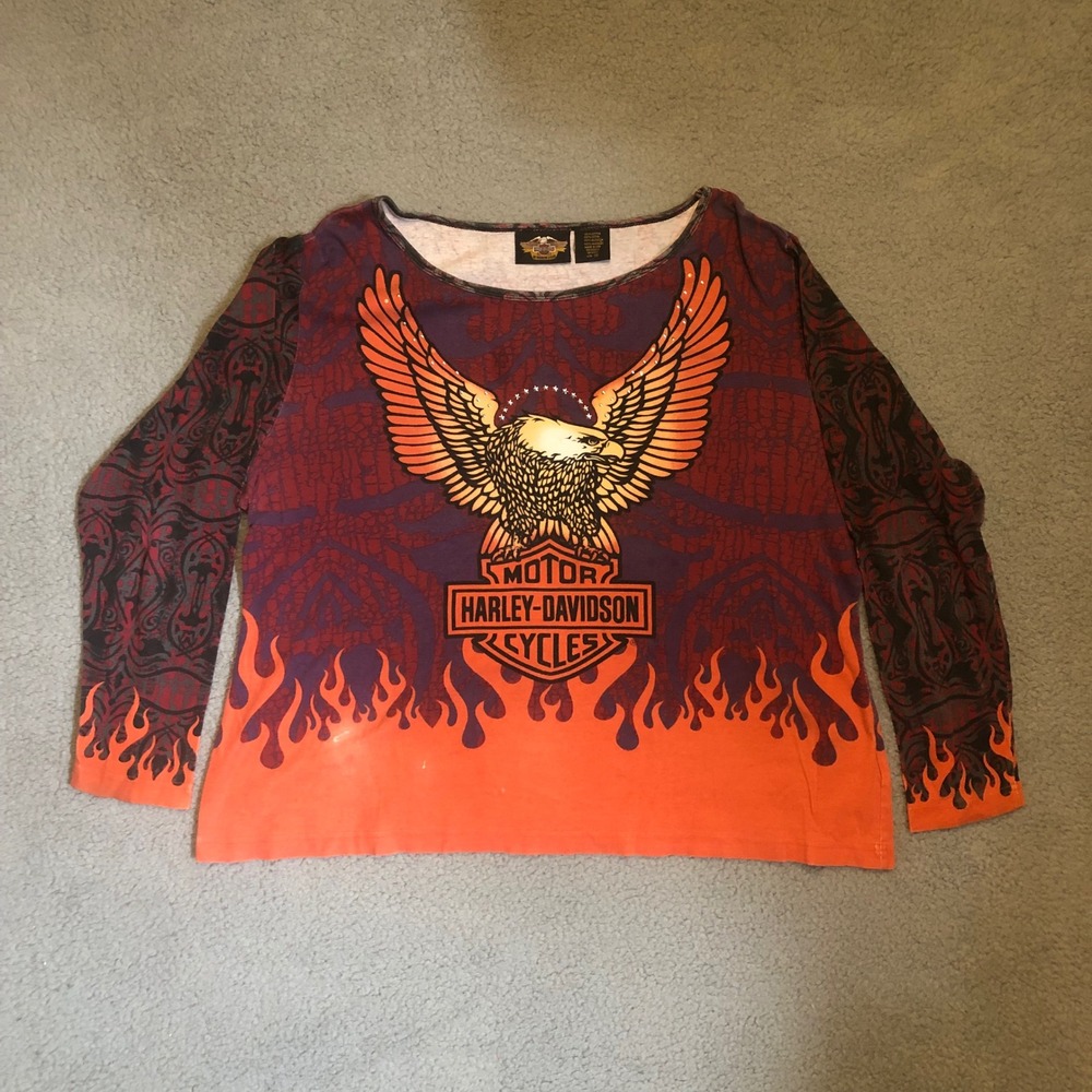 Vtg Harley Davidson Eagle Flame Rhinestone Shirt 1W 100% Cotton Long Sleeve